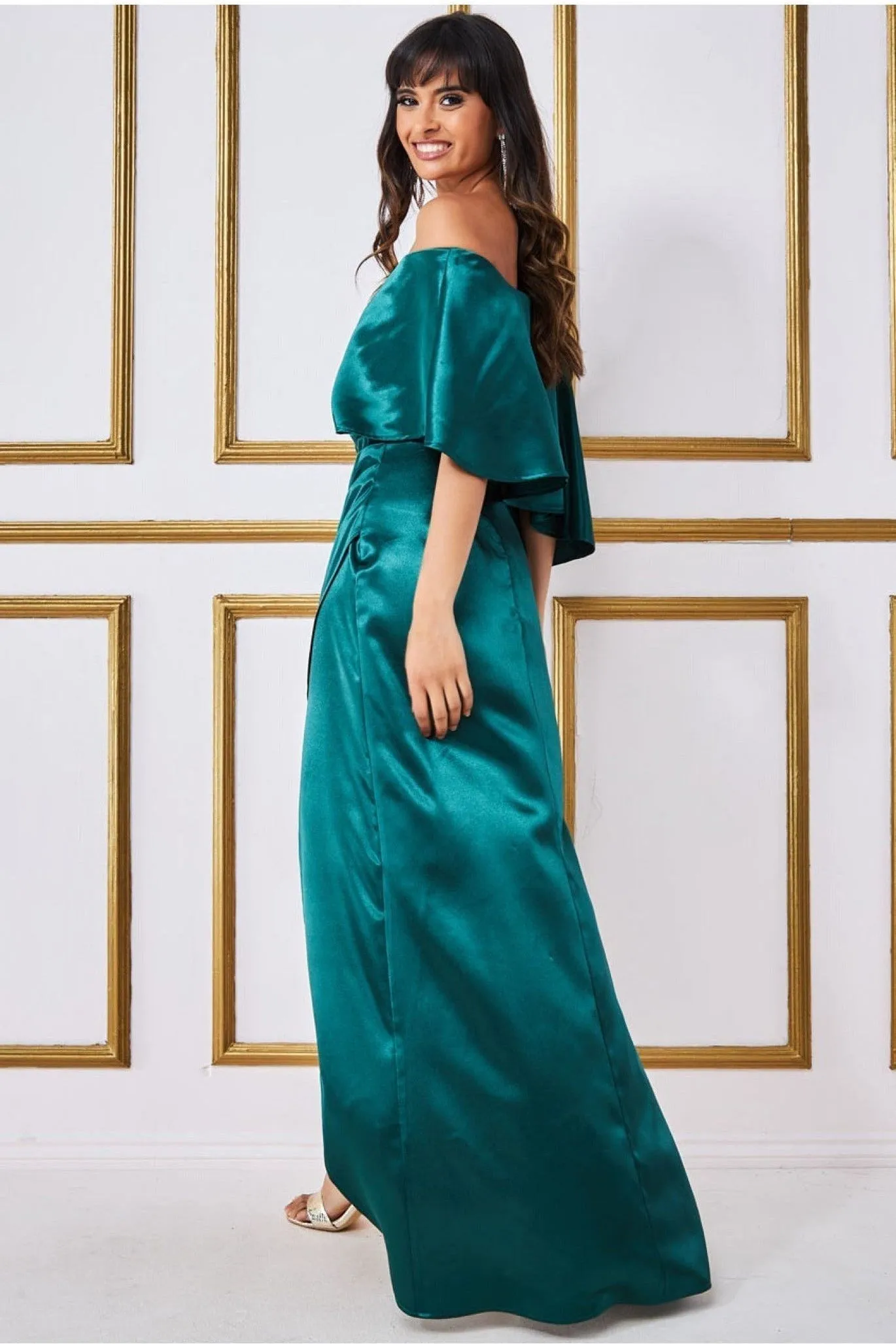 Satin Drape Shoulder Wrap Maxi Dress - Emerald Green by Goddiva