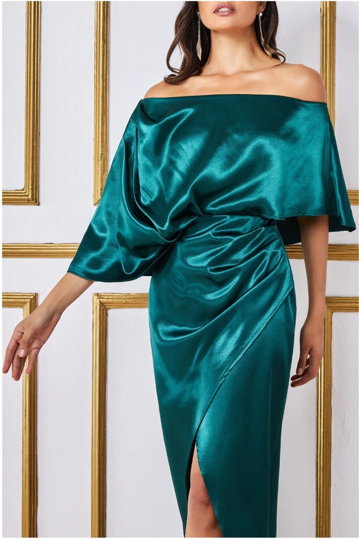 Satin Drape Shoulder Wrap Maxi Dress - Emerald Green by Goddiva