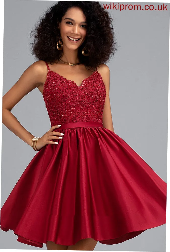 Satin Lace V-neck Beading Macy Dress Homecoming Dresses A-Line Homecoming With Short/Mini