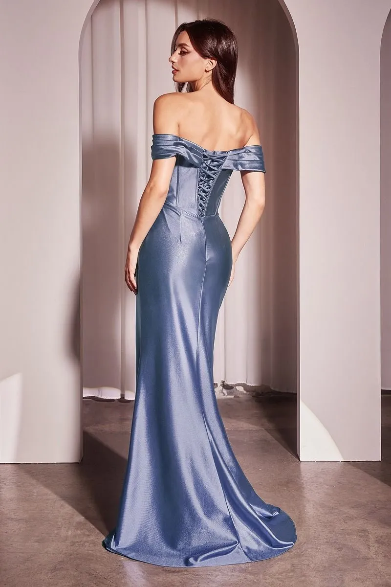 SATIN OFF THE SHOULDER FITTED GOWN CDCD370
