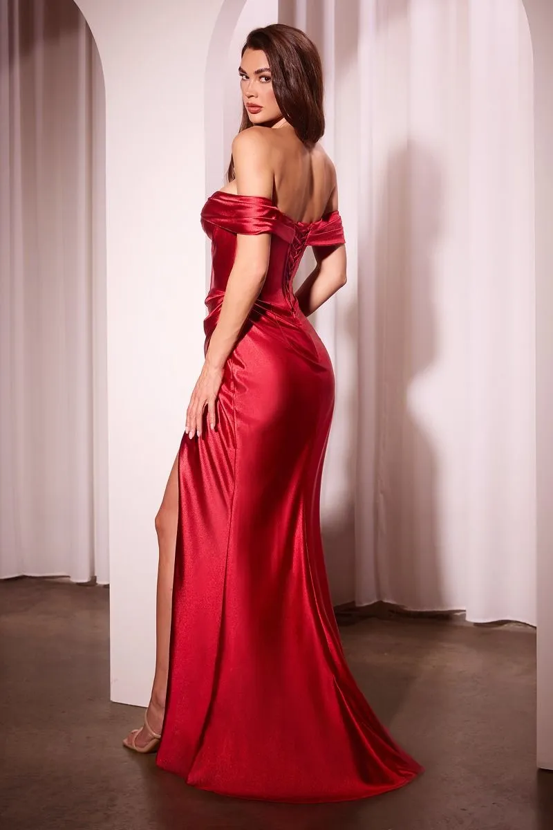 SATIN OFF THE SHOULDER FITTED GOWN CDCD370
