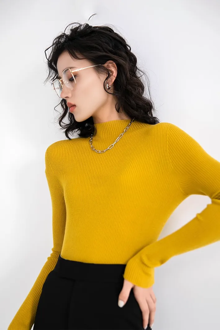 Seamless Knit 100 Washable Merino Wool Mock Turtleneck Sweater
