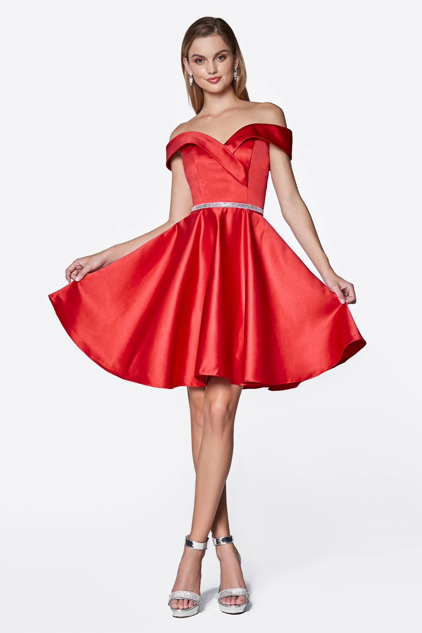 Short Off Shoulder Satin Dress by Cinderella Divine CD0140