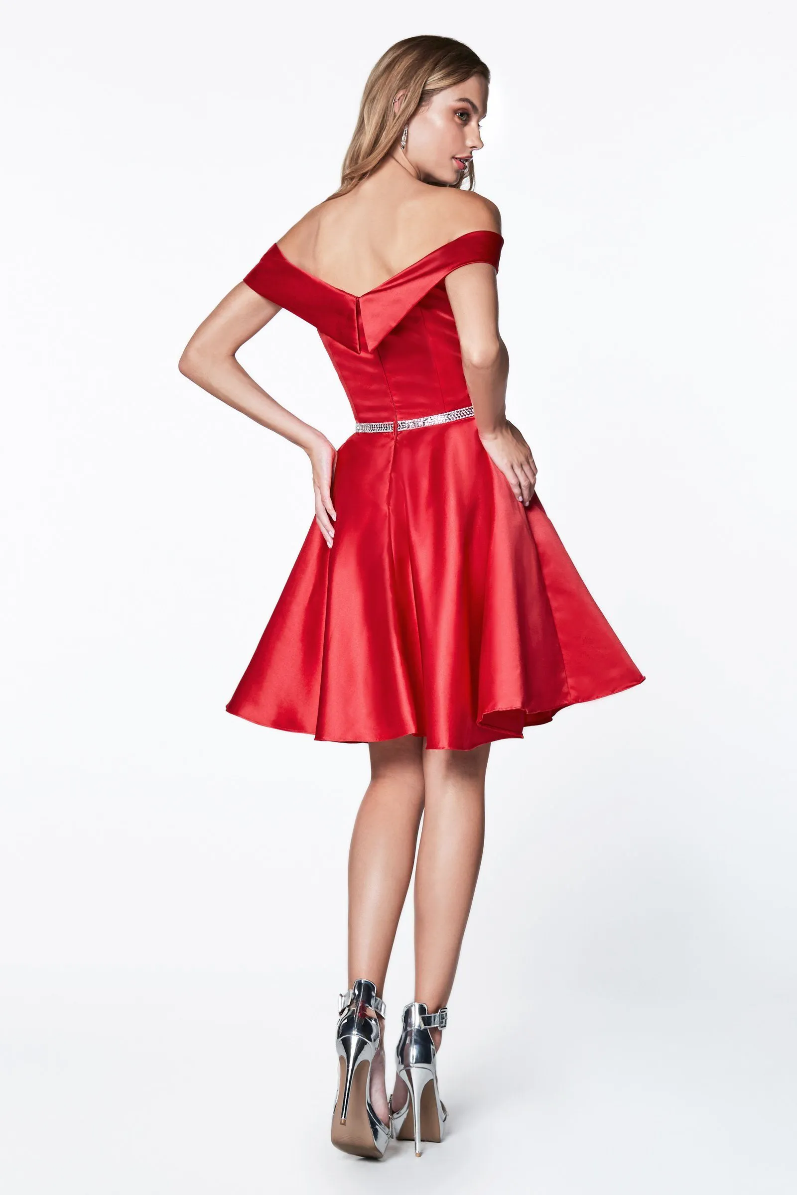 Short Off Shoulder Satin Dress by Cinderella Divine CD0140