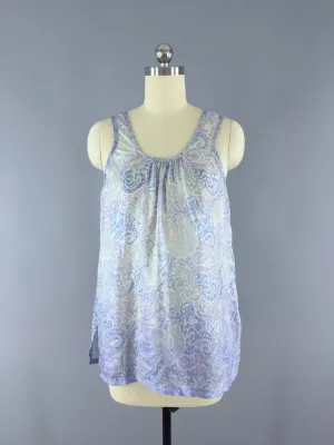 Silk Camisole Blouse / Vintage Indian Sari / Light Blue Floral / Size Small