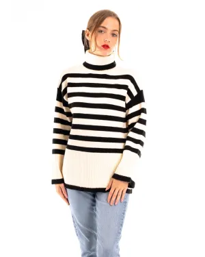 Soft Knit Striped roll-neck design cozy wool-blended jumper in white
