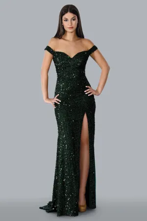 Stella Couture 23109 Size 14 Multi Long Fitted Sequin off the Shoulder Formal Prom Dress Slit Formal Gown