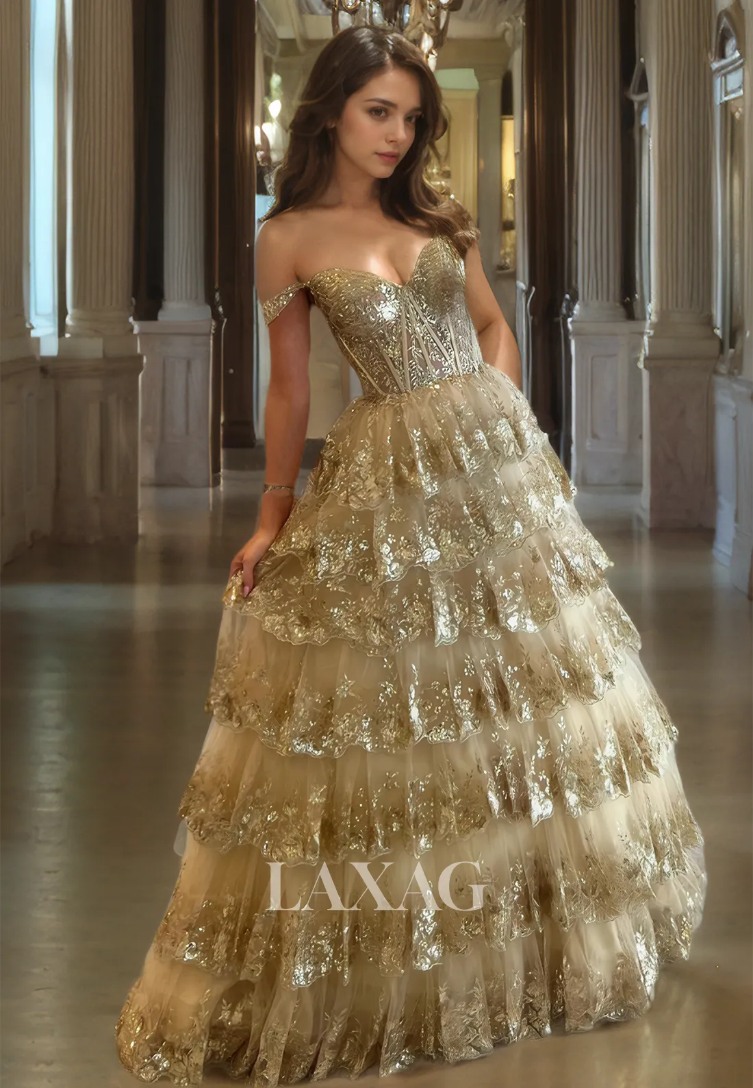 Sweetheart Off-Shoulder Sleeveless A-Line Prom Dress Glitter Lace Applique Tiered Formal Gowns