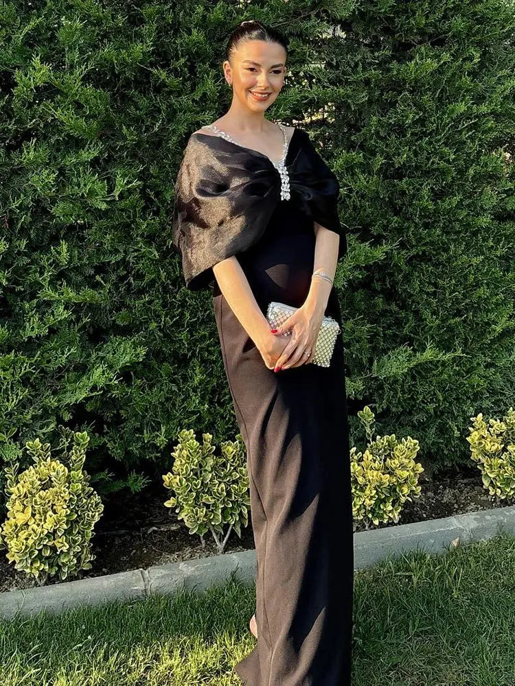 Trend4us Women's Elegant Off-Shoulder Patchwork Evening Gown