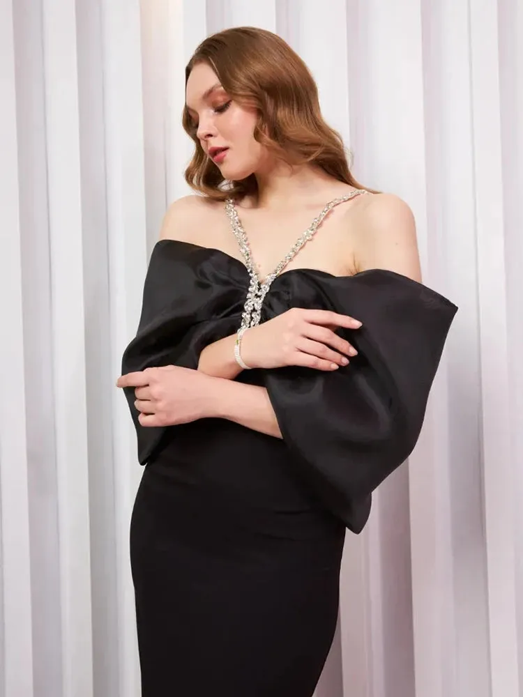 Trend4us Women's Elegant Off-Shoulder Patchwork Evening Gown