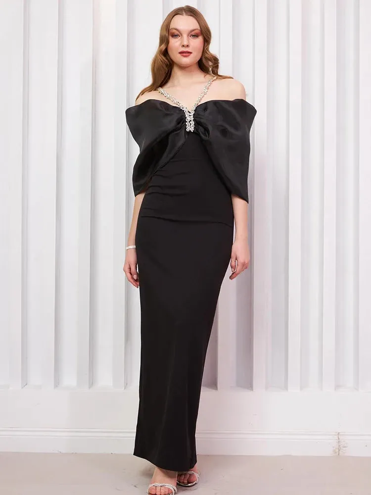 Trend4us Women's Elegant Off-Shoulder Patchwork Evening Gown