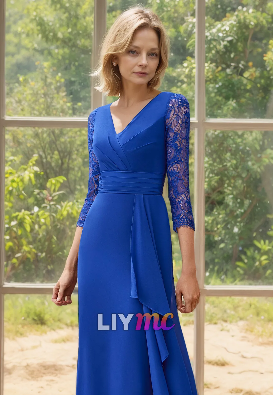 V-Neck Long Lace Appliques Sleeves Ruffled Sheath Mother of Bride Dress