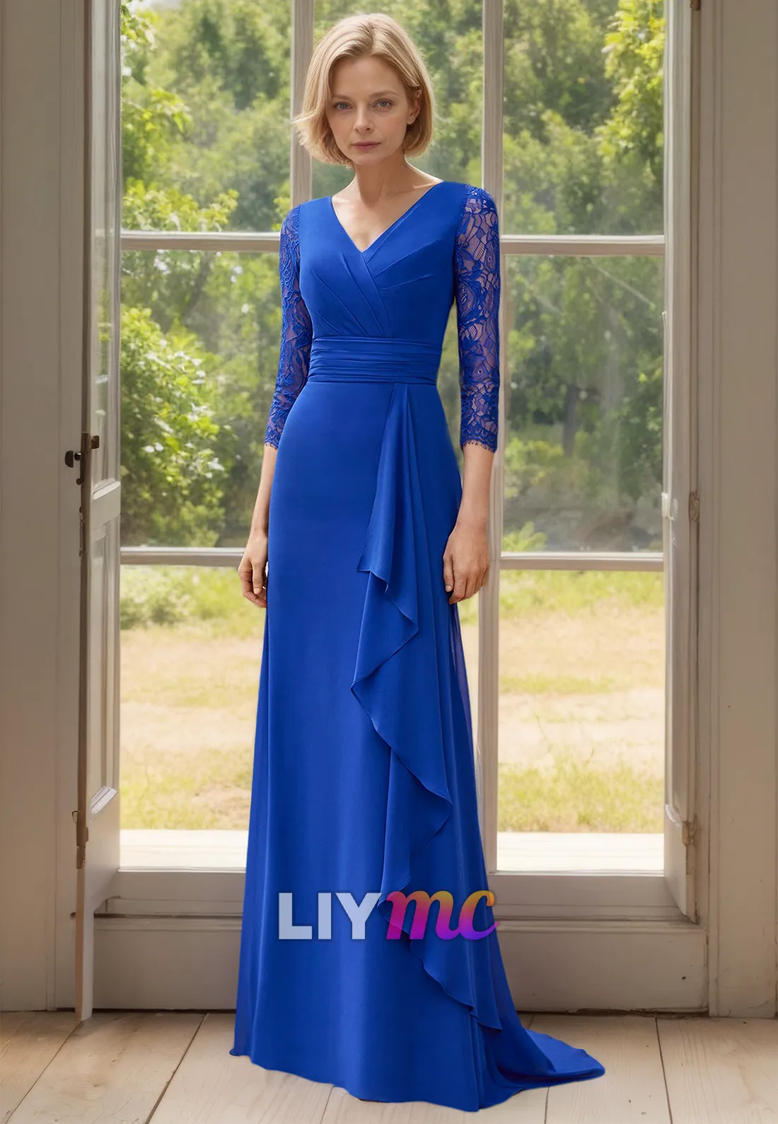 V-Neck Long Lace Appliques Sleeves Ruffled Sheath Mother of Bride Dress