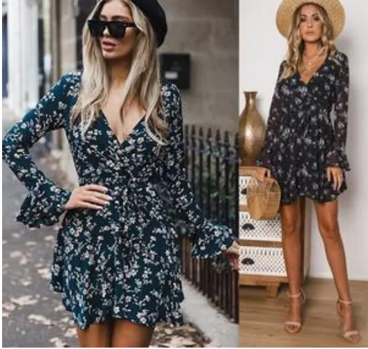 V-Neck Long-Sleeved Dress