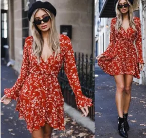V-Neck Long-Sleeved Dress