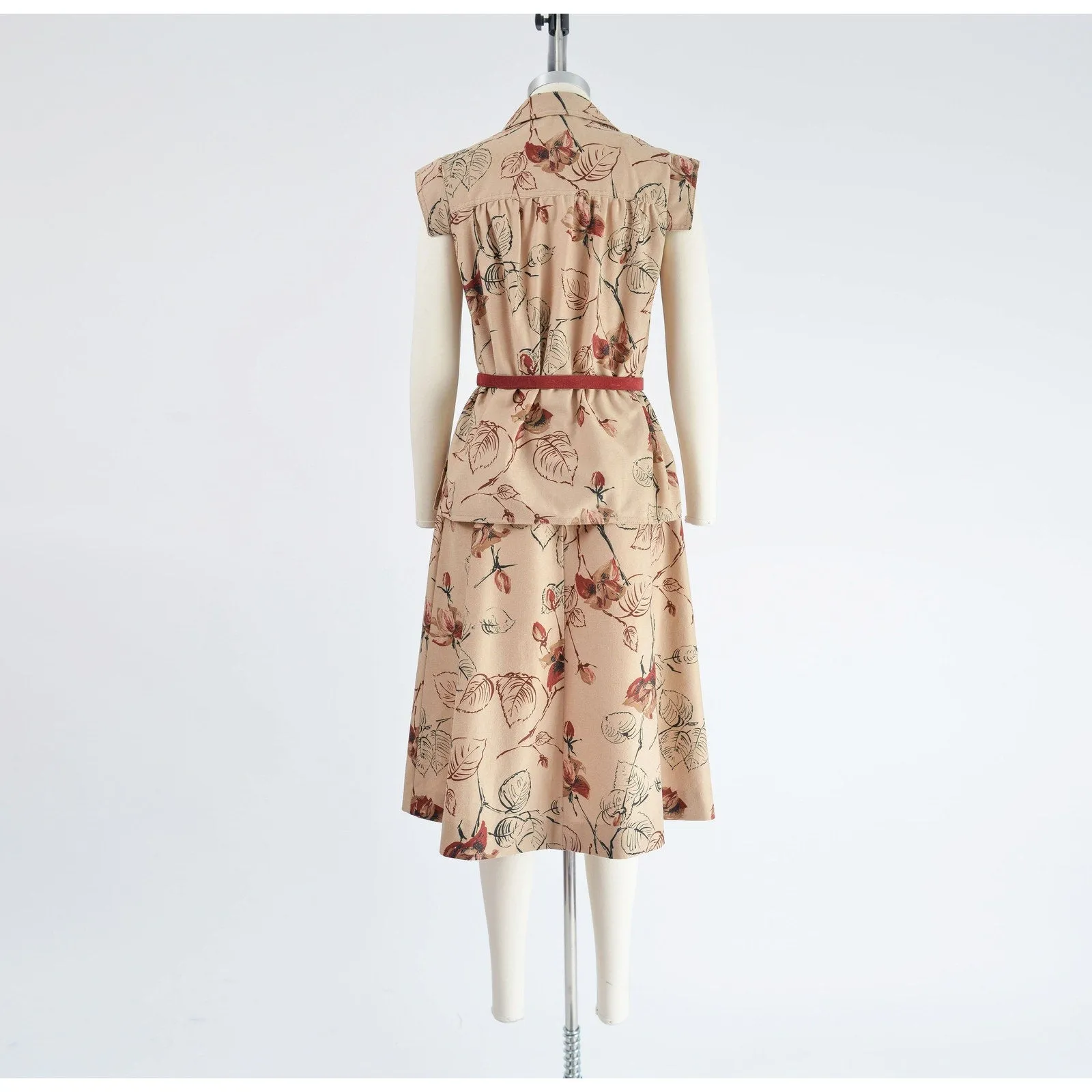 Vintage 70s Brown Leaf Print Skirt and Top Set Boho Belted Two Piece Dress size S
