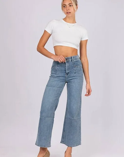 Wakee Denim Flare Wide Leg Ladies Jean - Blue Wash
