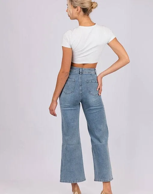 Wakee Denim Flare Wide Leg Ladies Jean - Blue Wash