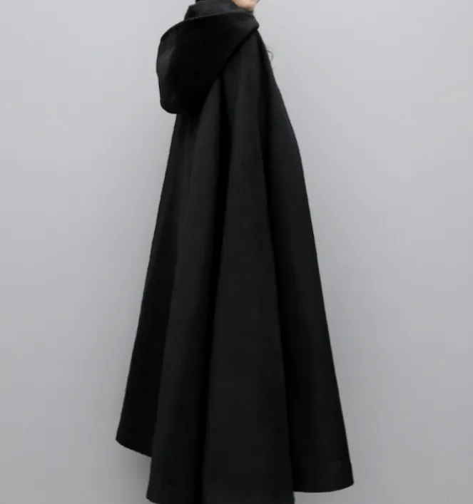 Winter Wool Women Coat Cloak Long Warm Hooded Woolen Coat Cape 07655