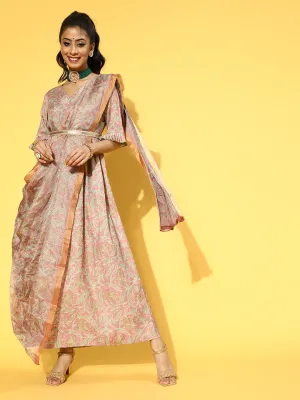Women Peach Viscose Rayon Dress With Dupatta