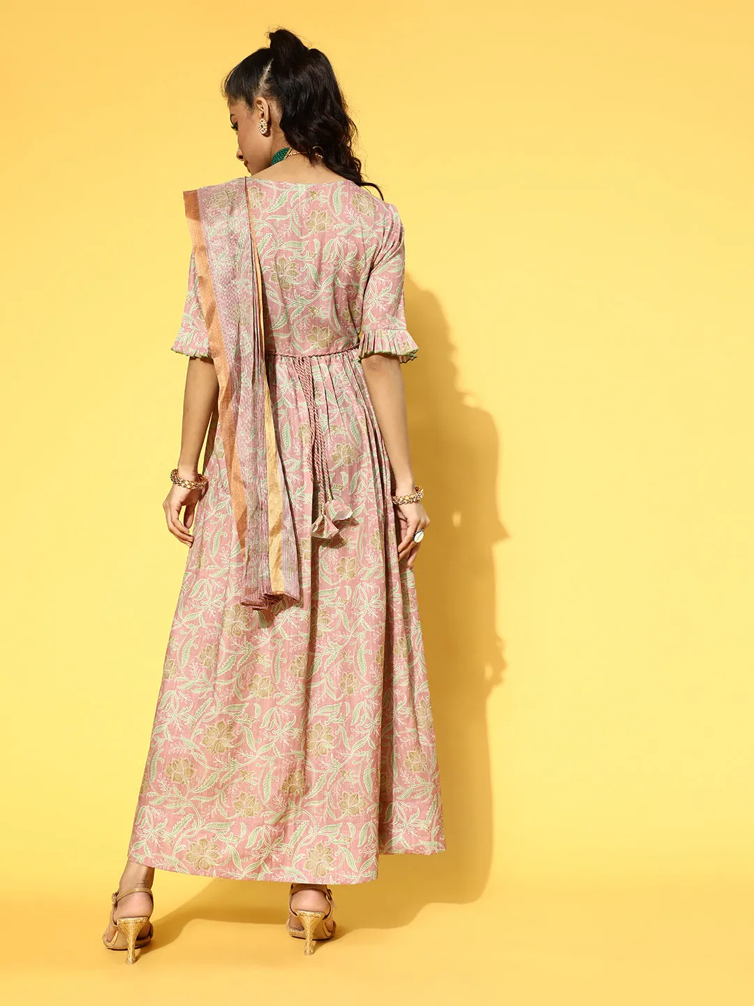 Women Peach Viscose Rayon Dress With Dupatta