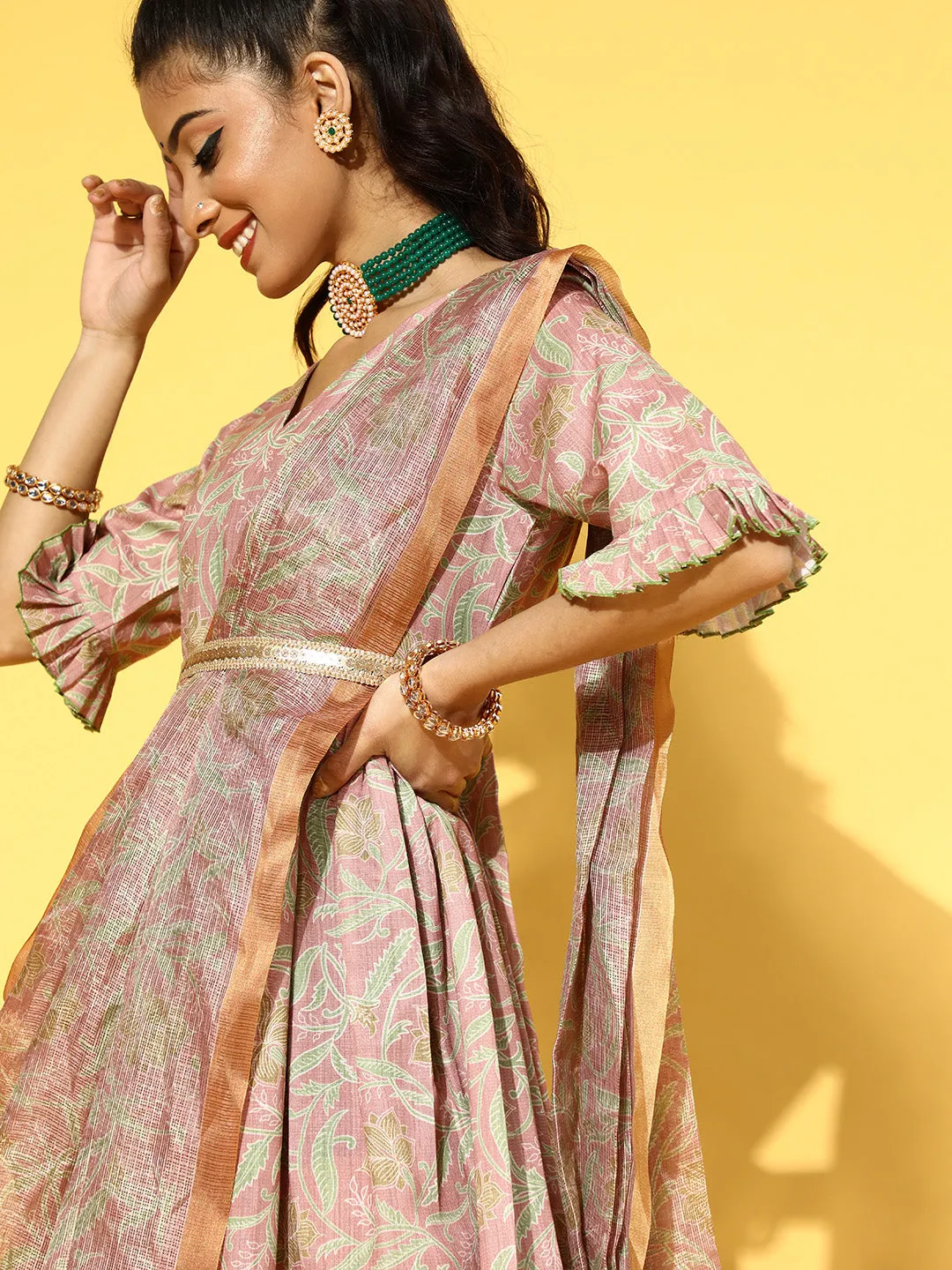 Women Peach Viscose Rayon Dress With Dupatta