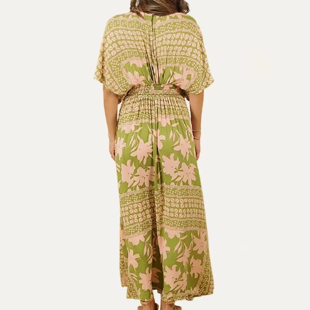 Women's Green & Taupe Floral Print V Neck Short Sleeve Loose Fit Maxi Dress