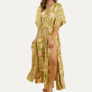 Women's Green & Taupe Floral Print V Neck Short Sleeve Loose Fit Maxi Dress
