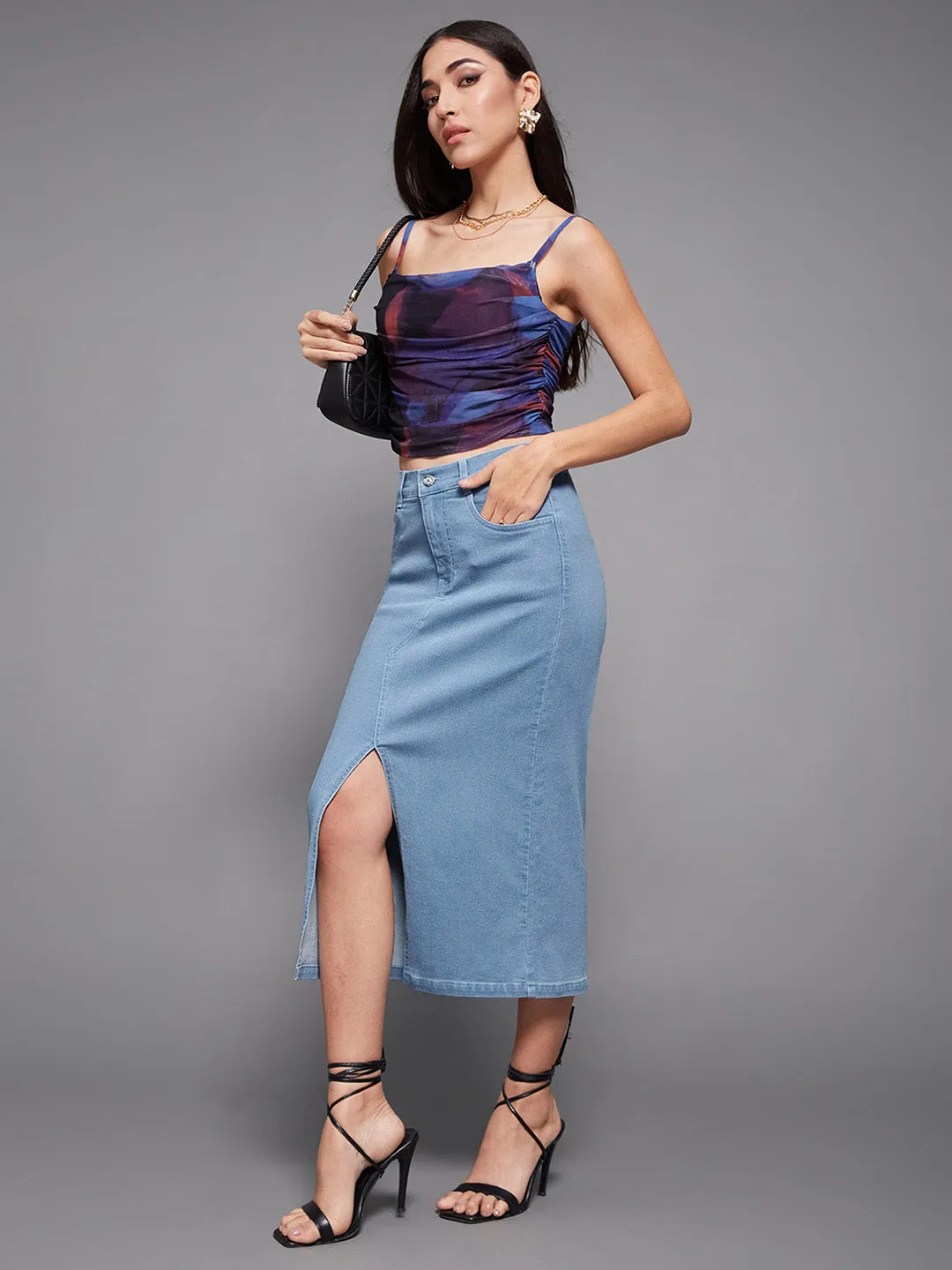 Women's Light Blue Straight Fit High Rise Stretchable Denim Midi Skirt