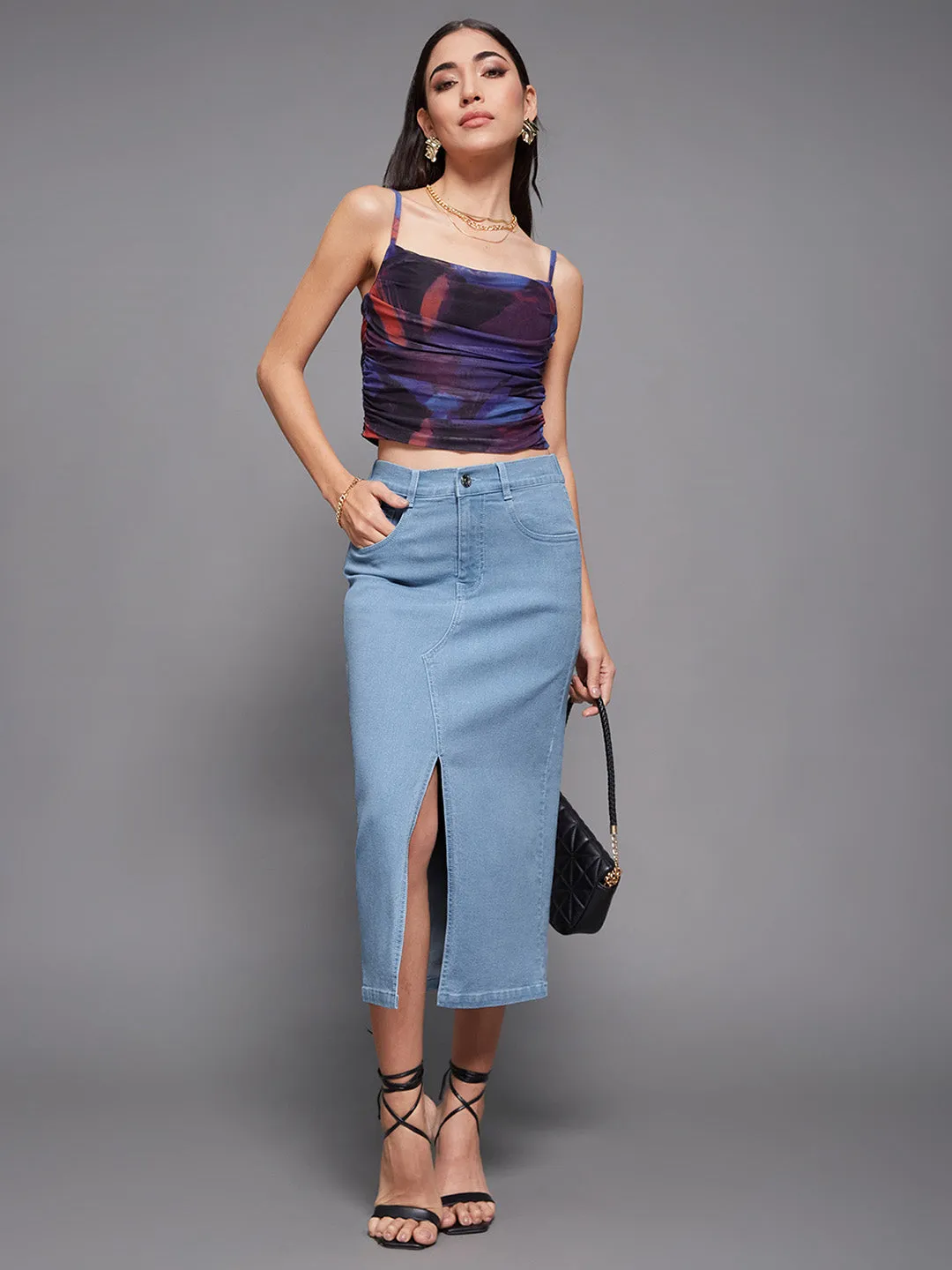 Women's Light Blue Straight Fit High Rise Stretchable Denim Midi Skirt