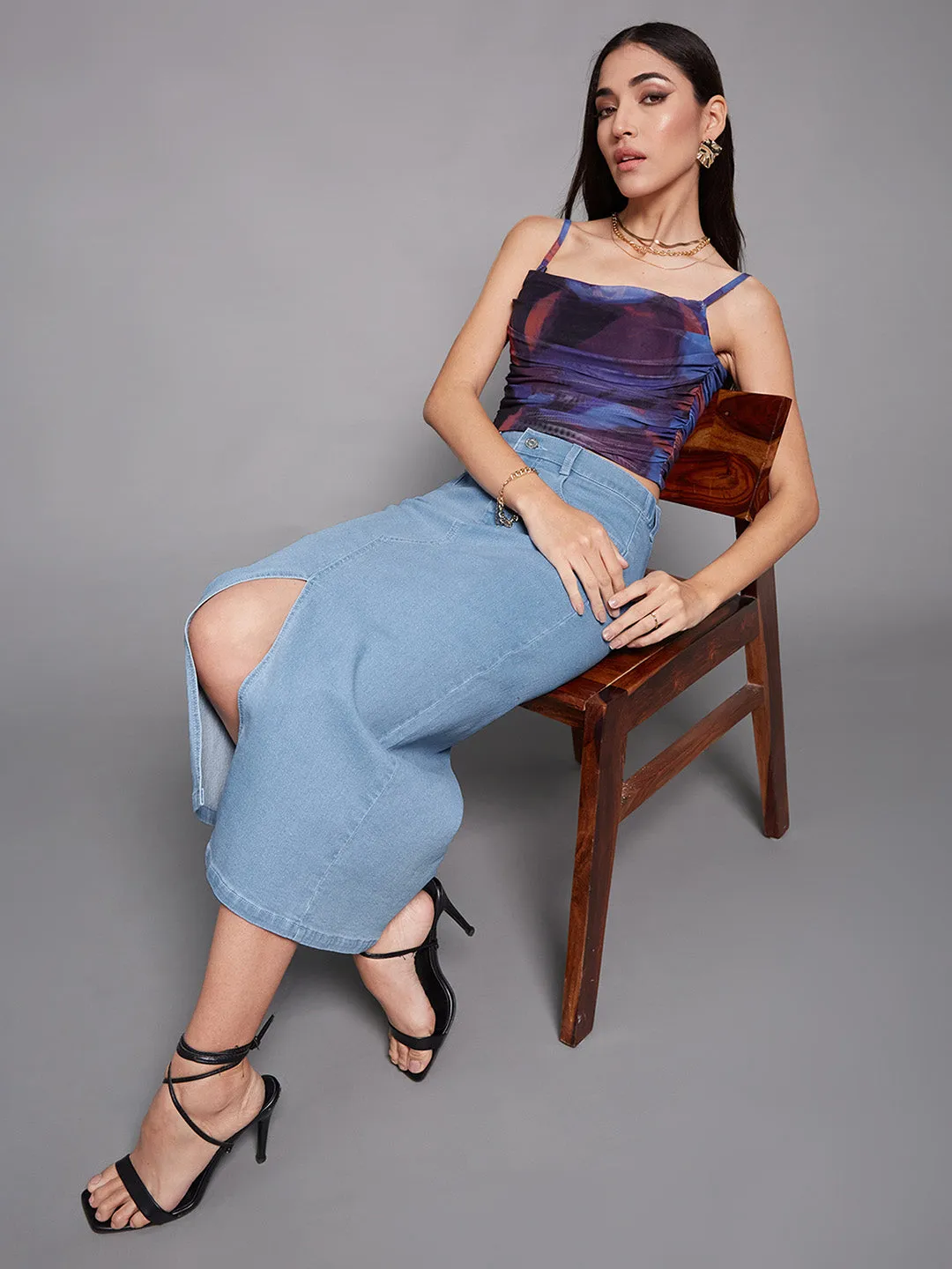 Women's Light Blue Straight Fit High Rise Stretchable Denim Midi Skirt