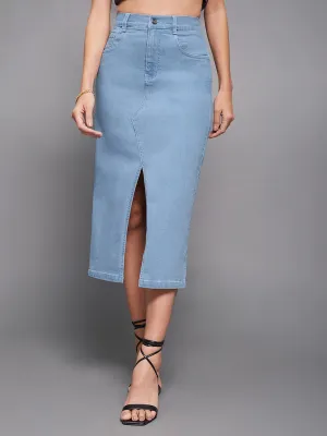 Women's Light Blue Straight Fit High Rise Stretchable Denim Midi Skirt