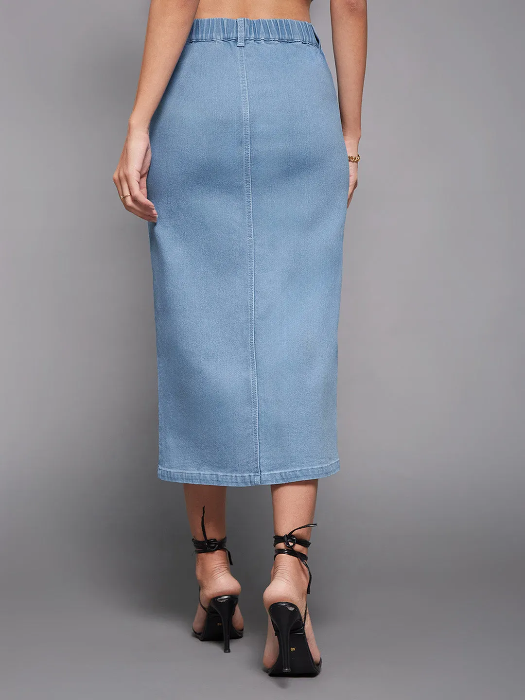 Women's Light Blue Straight Fit High Rise Stretchable Denim Midi Skirt